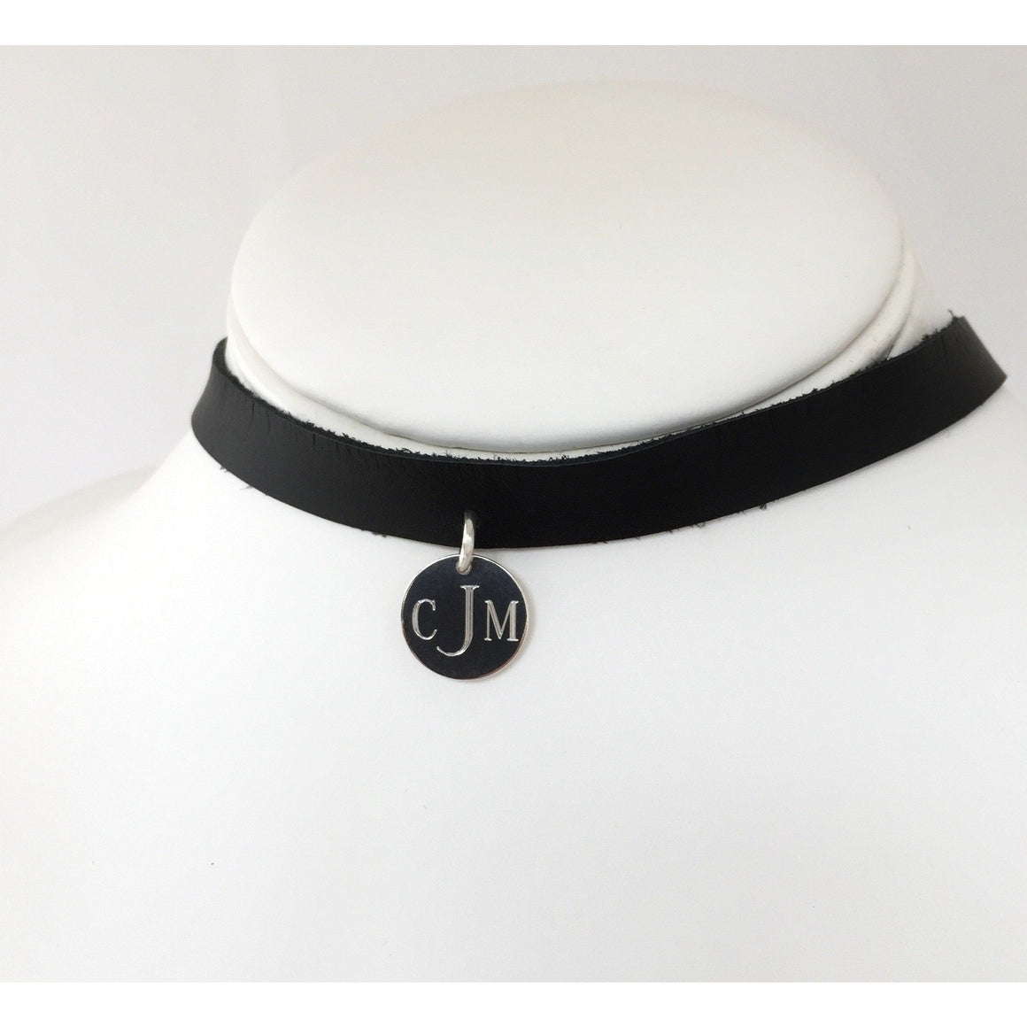 Monogram Leather Choker Necklace Black and Silver