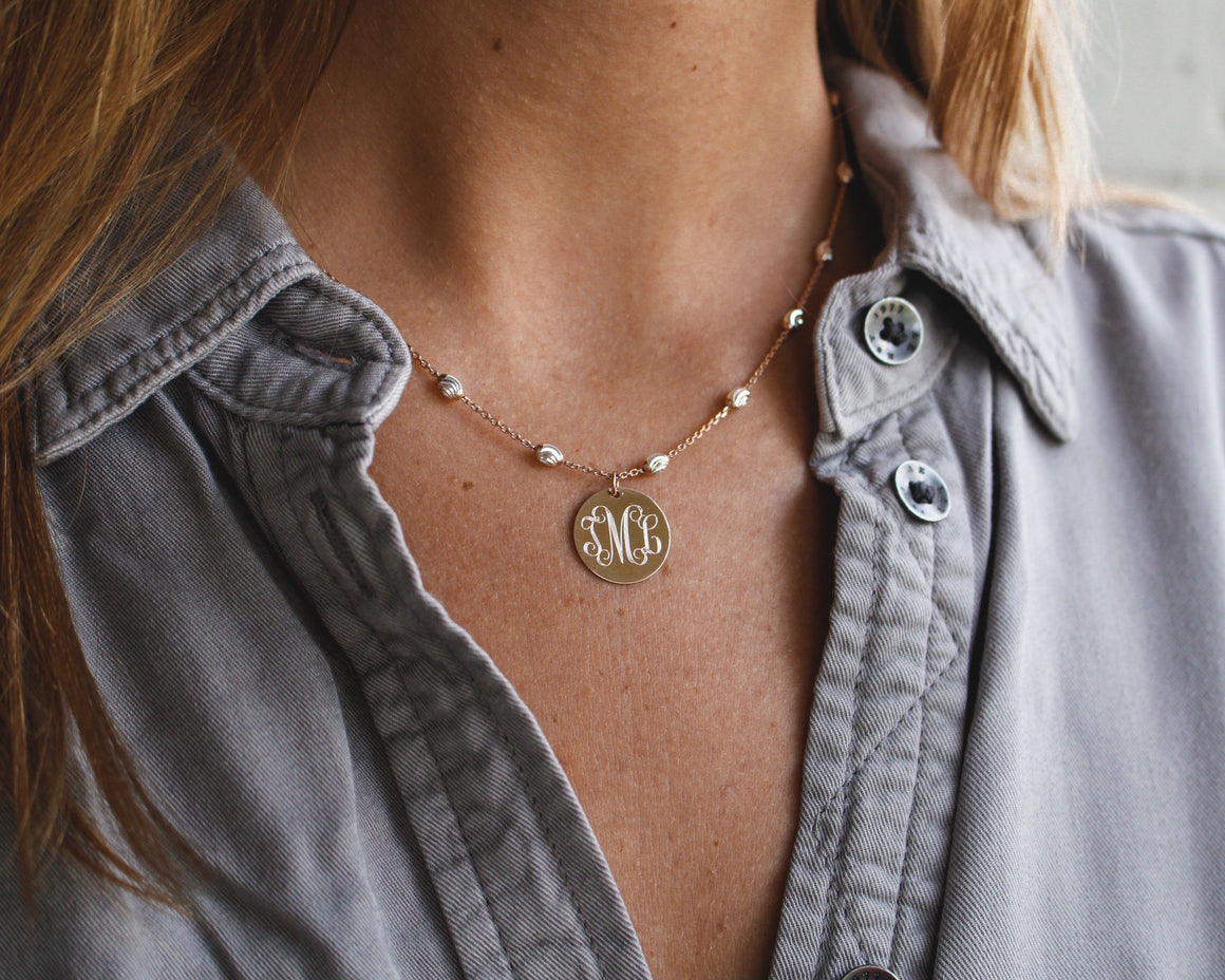 Monogrammed Saturn Chain Necklace Sterling Silver, Gold Plate or Rose Gold Plate Two Tone