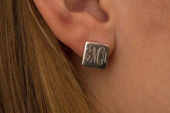 Square Monogram Stud Earrings in Sterling Silver