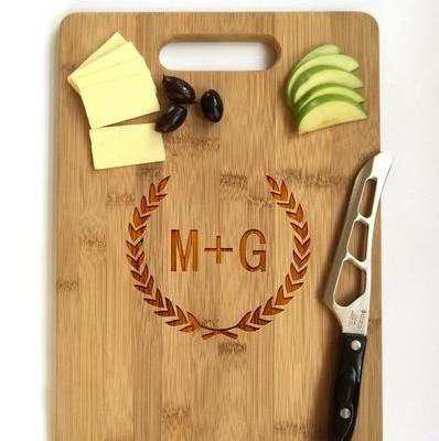 Custom Engraved Cutting Board with Laurel Wreath Design