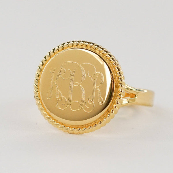 Gold Nautical Monogram Ring with Rope Edge