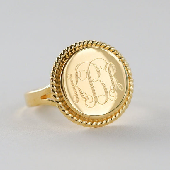 Gold Nautical Monogram Ring with Rope Edge