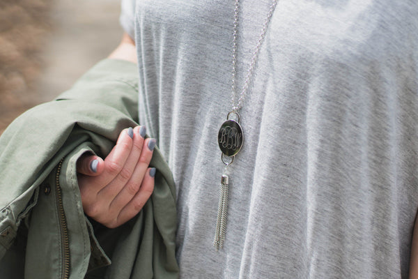 Long Monogram Tassel Necklace in Silver or Gold Finish