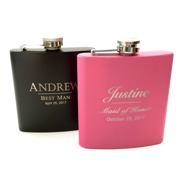 Bridesmaid Flasks in Pink or Groomsmen Flasks in Black Personalized