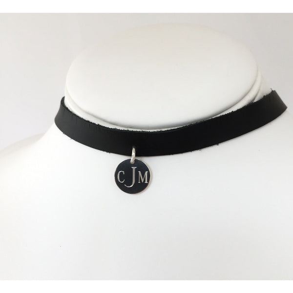 Monogram Leather Choker Necklace Black and Silver