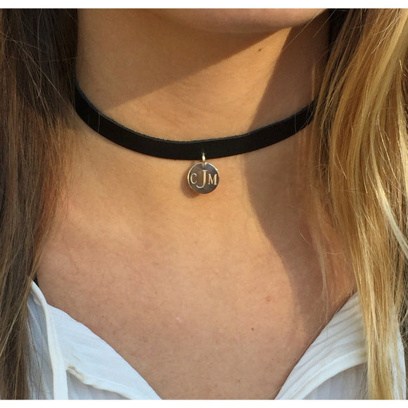 Monogram Leather Choker Necklace Black and Silver