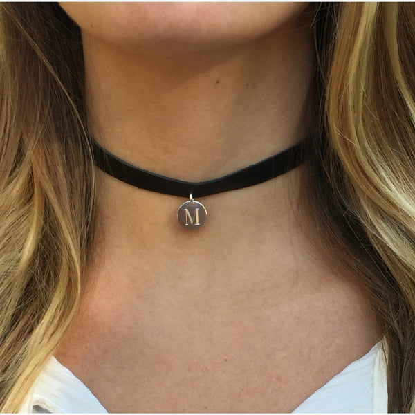 Monogram Leather Choker Necklace Black and Silver