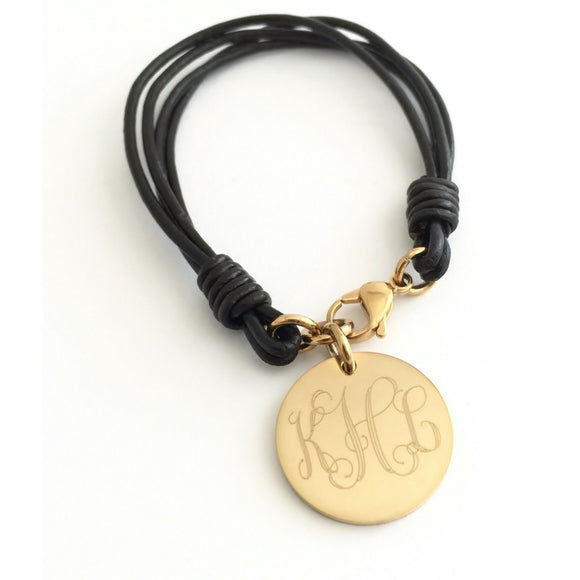 Leather Monogram Bracelet With Gold Charm