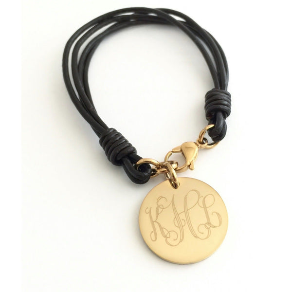 Leather Monogram Bracelet With Gold Charm