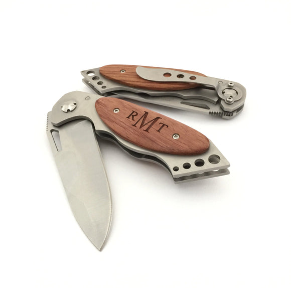 Engraved Wooden Pocket Knife with Belt Clip Personalized