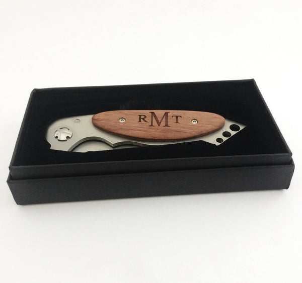 Engraved Wooden Pocket Knife with Belt Clip Personalized