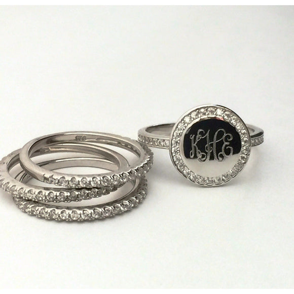 Monogram Stacking Rings with Cubic Zirconia in Sterling Silver
