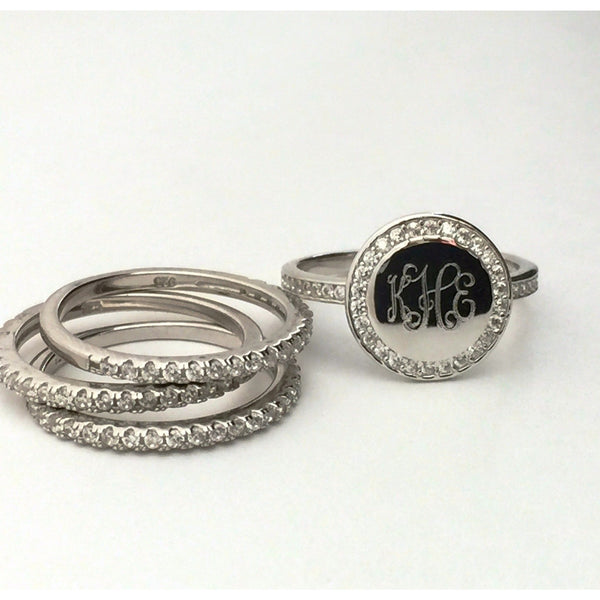 Monogram Stacking Rings with Cubic Zirconia in Sterling Silver
