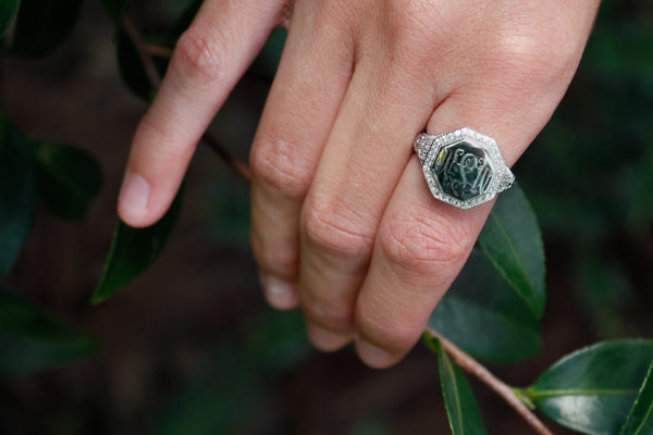 Sterling Silver Monogram Ring with Filagree Design and Cubic Zirconia Band