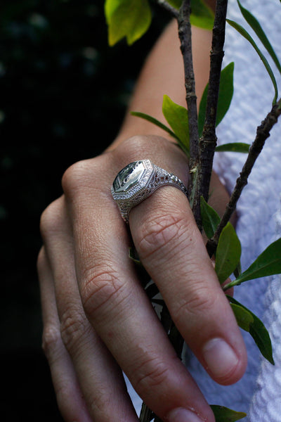 Sterling Silver Monogram Ring with Filagree Design and Cubic Zirconia Band