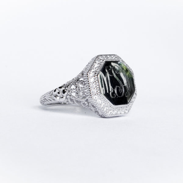 Sterling Silver Monogram Ring with Filagree Design and Cubic Zirconia Band