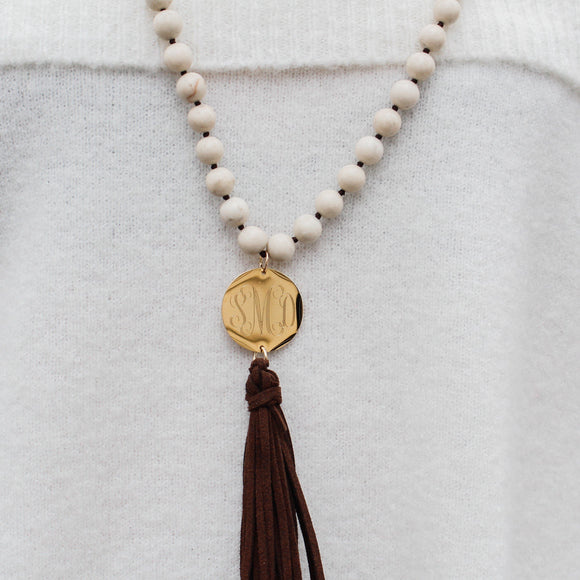Long Monogram Stone and Leather Tassel Necklace
