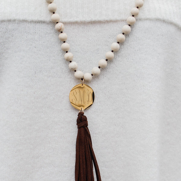 Long Monogram Stone and Leather Tassel Necklace