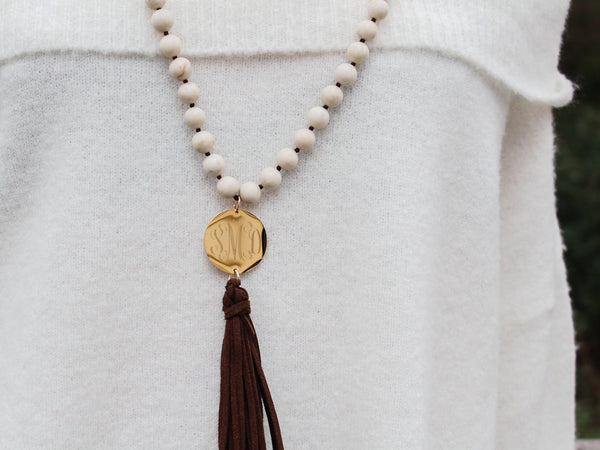 Long Monogram Stone and Leather Tassel Necklace