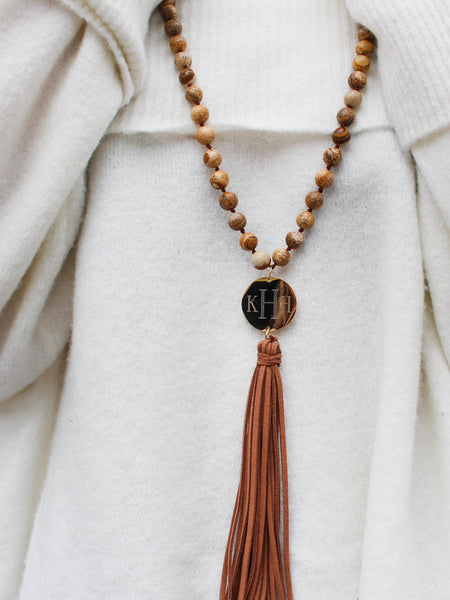 Long Monogram Stone and Leather Tassel Necklace