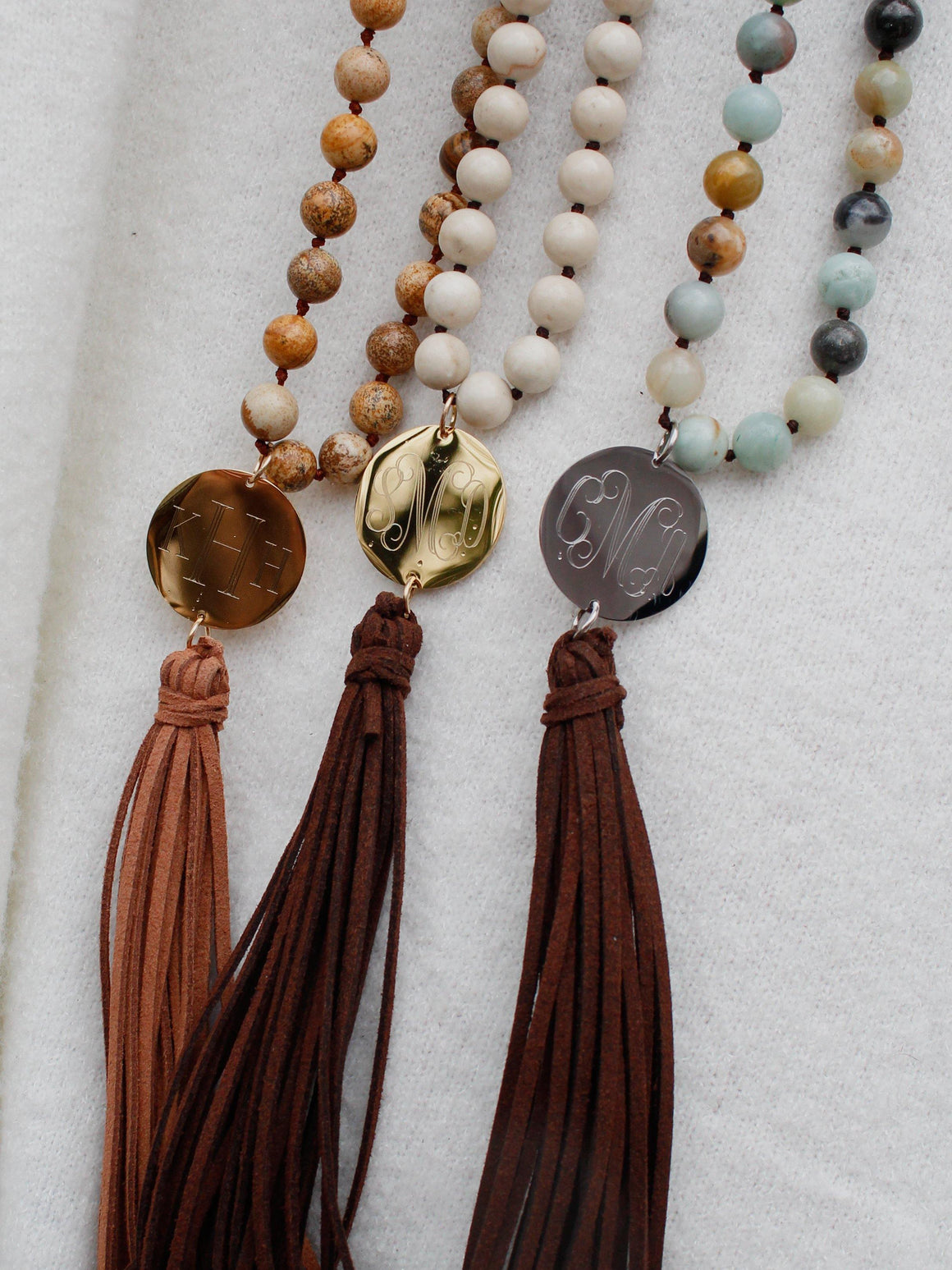 Long Monogram Stone and Leather Tassel Necklace