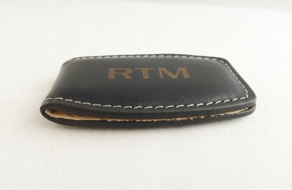 Monogrammed Leather Money Clip in Black or Brown