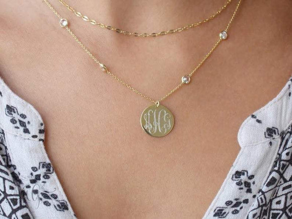 Monogram Layer Necklace with CZ Chain in Silver or Gold