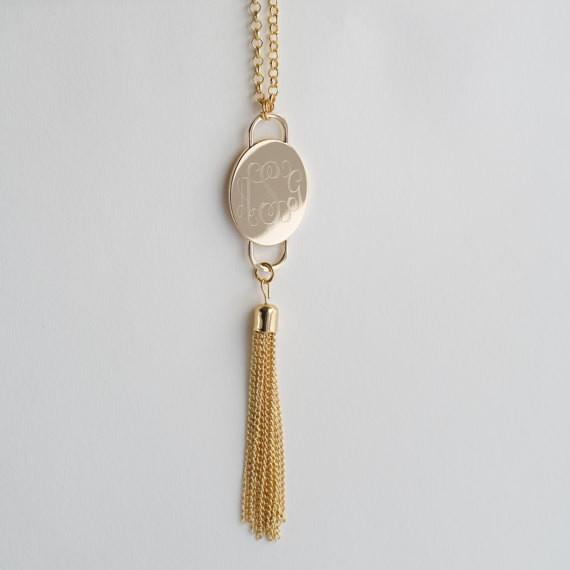 Long Monogram Tassel Necklace in Silver or Gold Finish