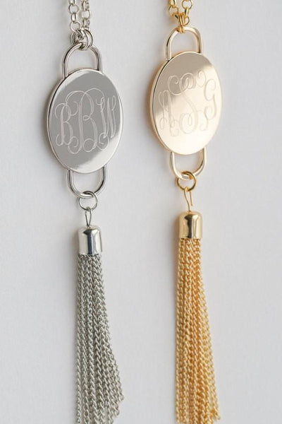 Long Monogram Tassel Necklace in Silver or Gold Finish