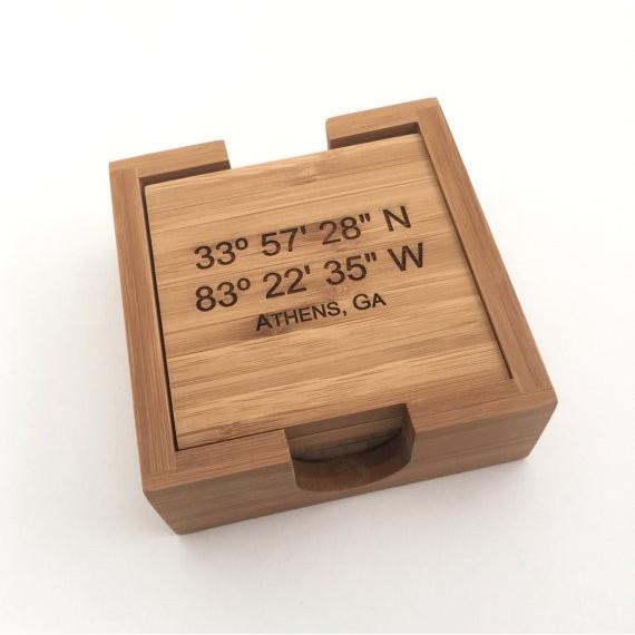 Personalized Coaster Set with Holder Home Coordinates