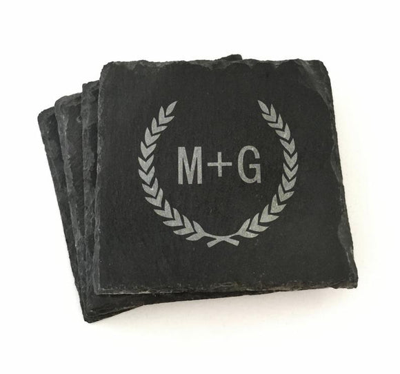 Slate Coaster Set with Laurel Leaf Design Laser Engraved