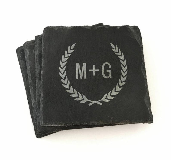 Slate Coaster Set with Laurel Leaf Design Laser Engraved