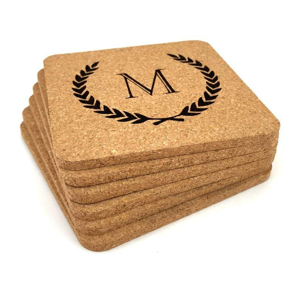 Personalized Custom Cork Coasters with Laurel Leaf Design Set of 6