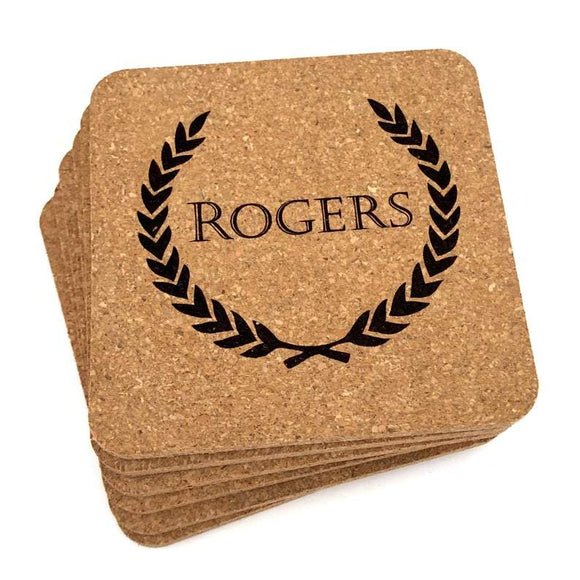 Personalized Custom Cork Coasters with Laurel Leaf Design Set of 6