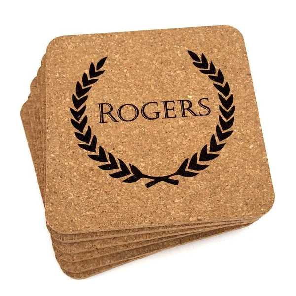 Personalized Custom Cork Coasters with Laurel Leaf Design Set of 6