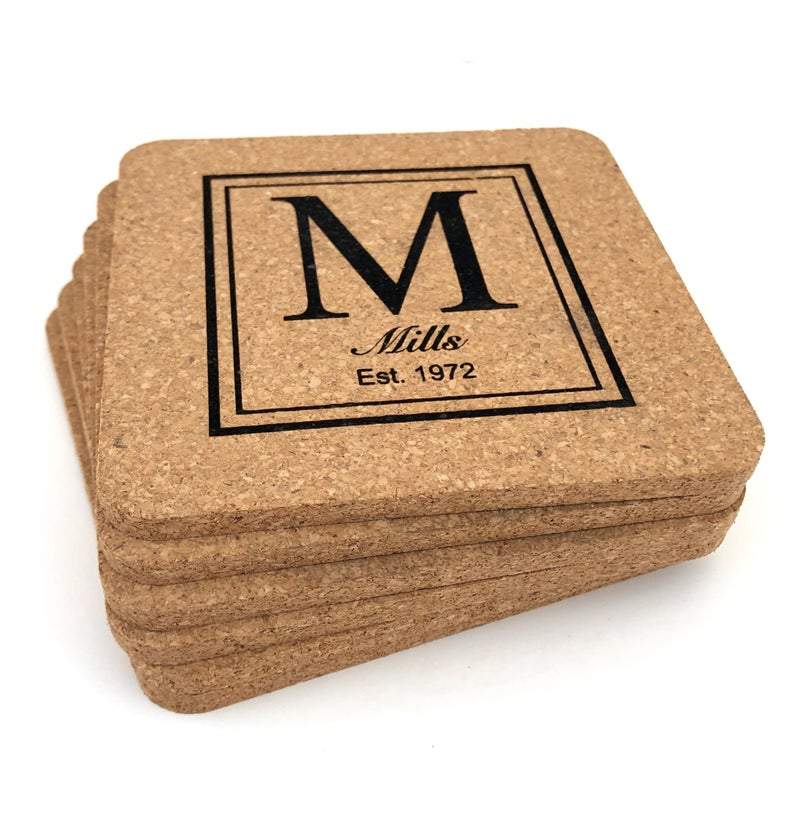 Monogrammed Cork Coaster Set of 6 Custom Coasters