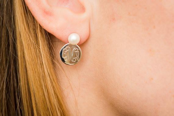 Monogram Silver and Pearl Earrings