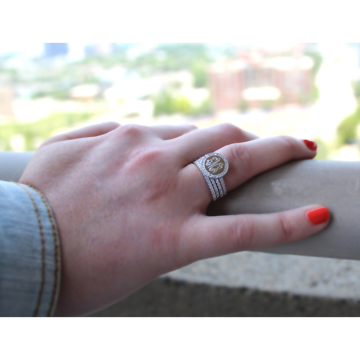 Monogram Stacking Rings with Cubic Zirconia in Sterling Silver