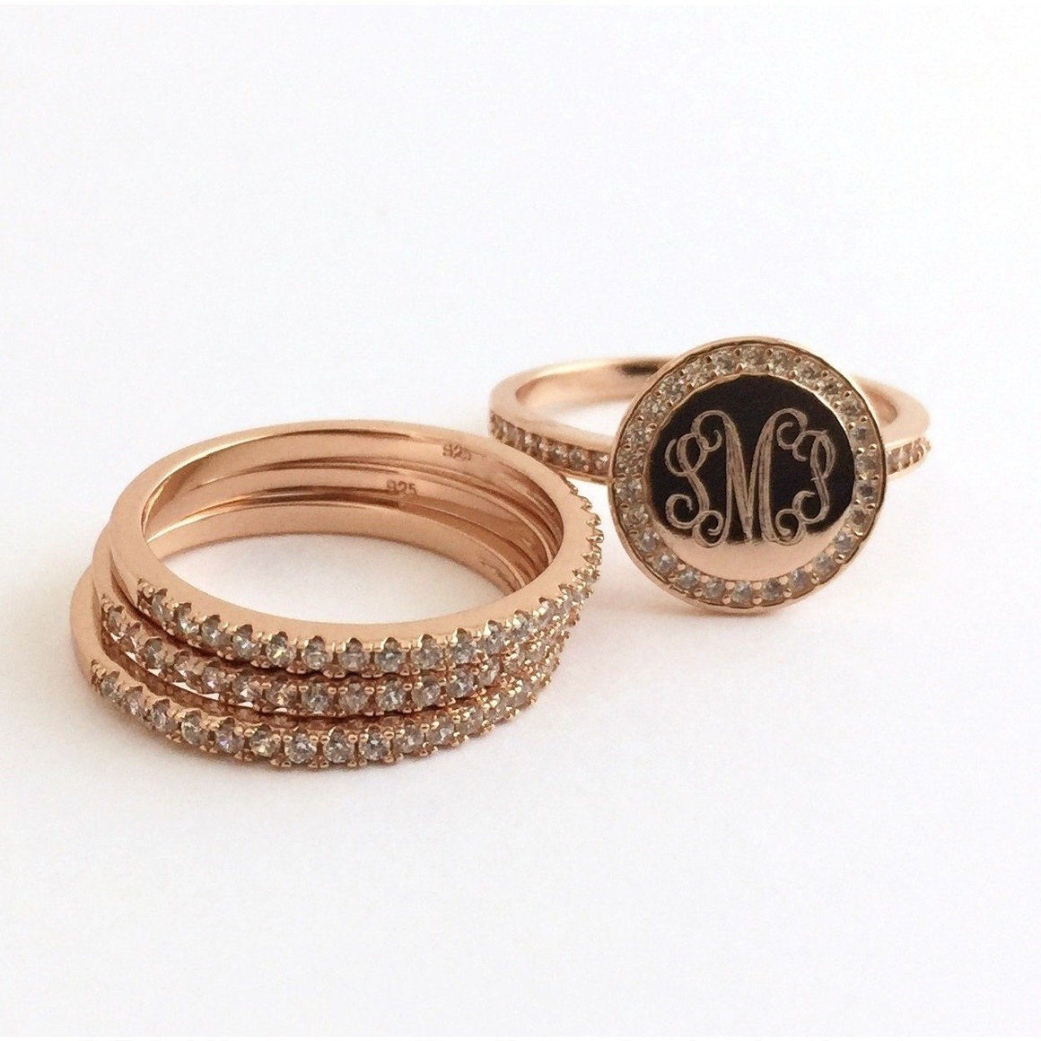 Rose Gold Monogram Stacking Rings with Cubic Zirconia