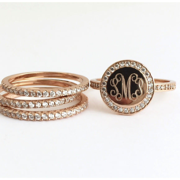 Rose Gold Monogram Stacking Rings with Cubic Zirconia