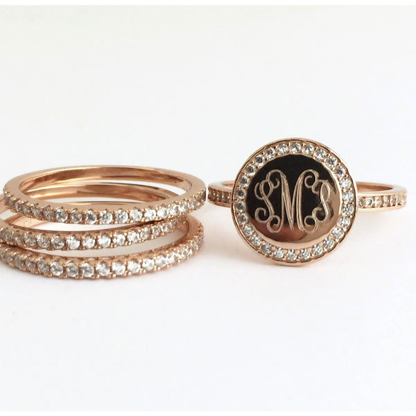 Rose Gold Monogram Stacking Rings with Cubic Zirconia