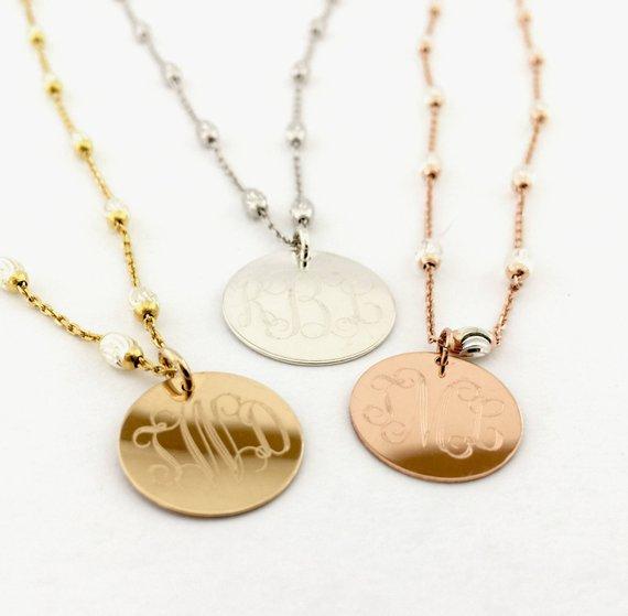 Monogrammed Saturn Chain Necklace Sterling Silver, Gold Plate or Rose Gold Plate Two Tone